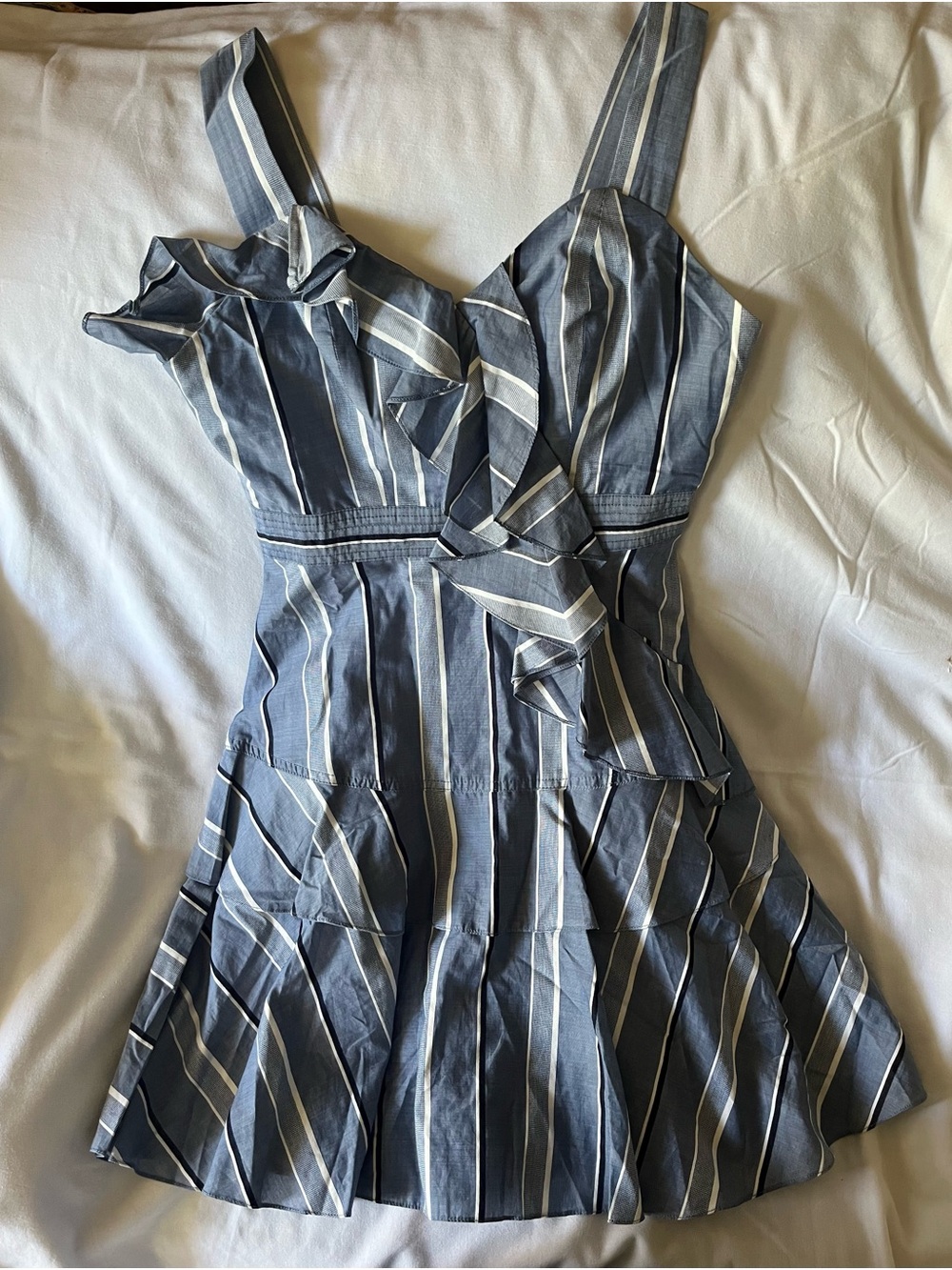 NWOT Sandro Navy and White Striped Ruffle Mini Dress